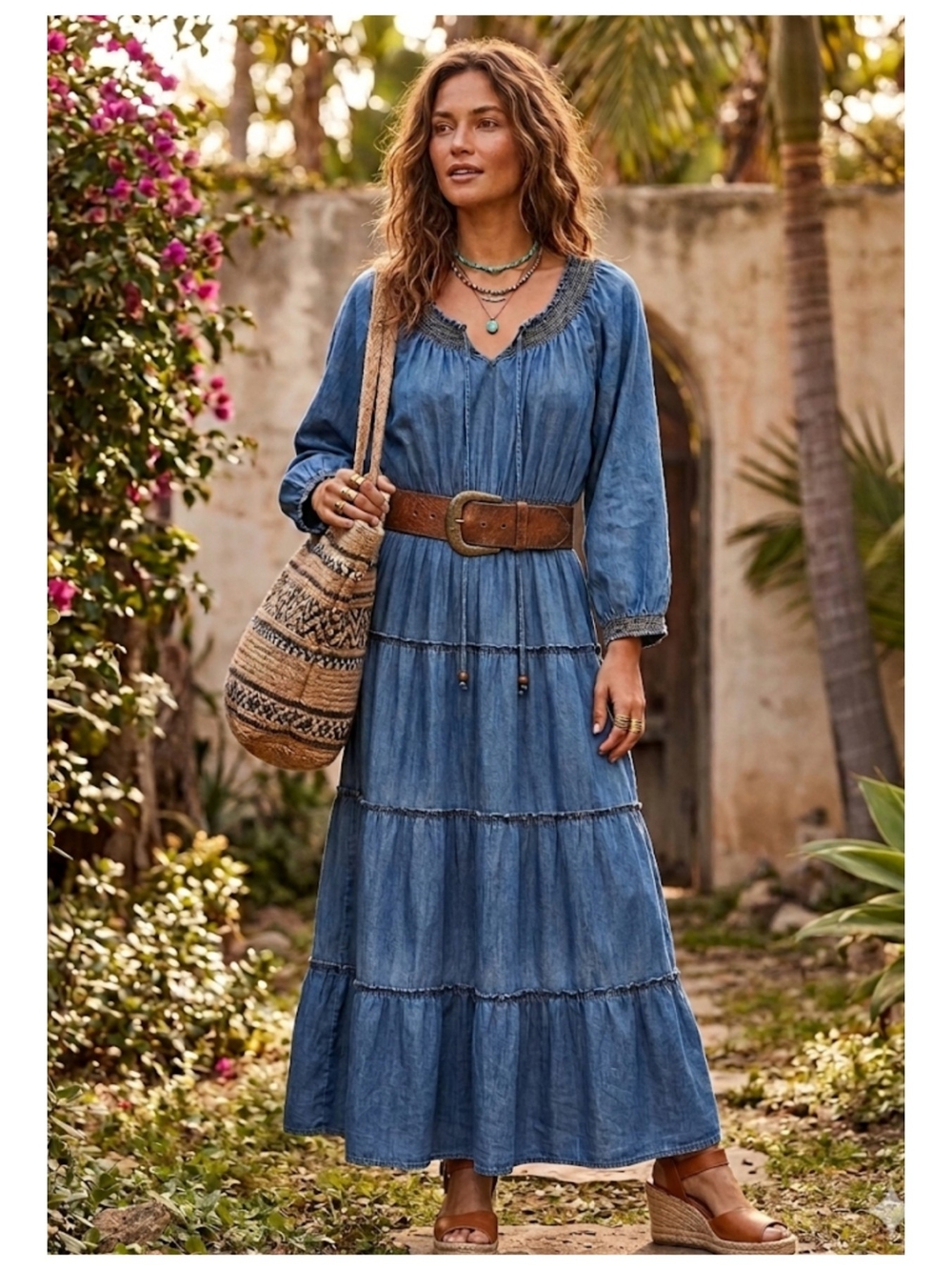 easel Washed Blue Boho Tiered Maxi Dress
